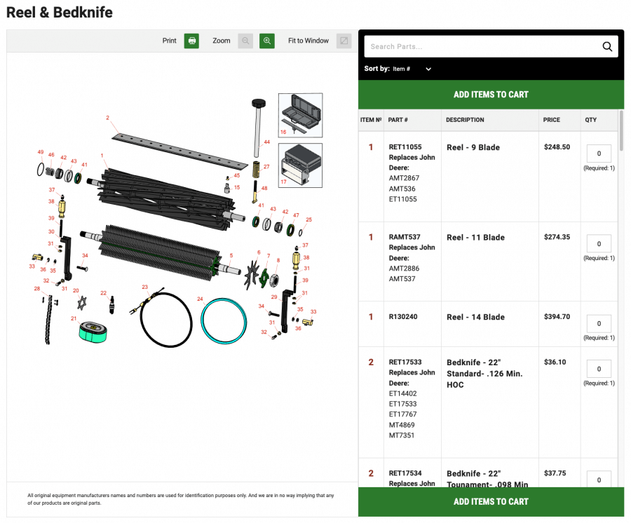 Lawn mower schematics display with all parts showing.