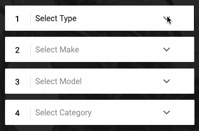 Fitment dropdown menu with vehicle select type, make, model, and part category.