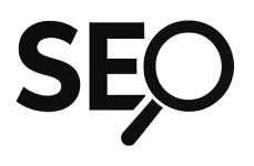 SEO Logo A black SEO text with a magnifying glass icon over the last 'O'